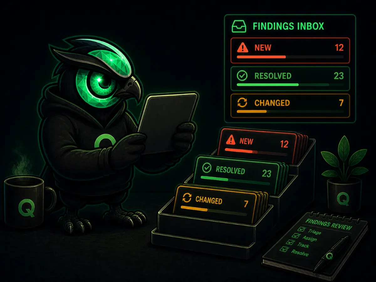Quaze findings inbox showing new, resolved, and changed entries